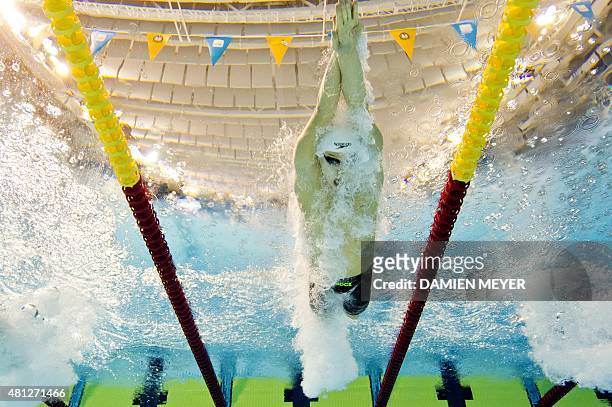 This picture taken with an underwater camera shows gold medallist Henrique Rodrigues of Brazil competing in the men's 200m individual medley final at...