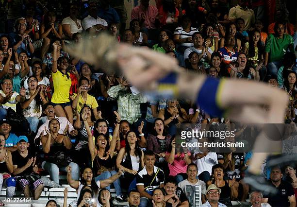 Fans watch as Elienor Werner of Sweden competes during the Girls Pole Vault Final on day four of the IAAF World Youth Championships, Cali 2015 on...
