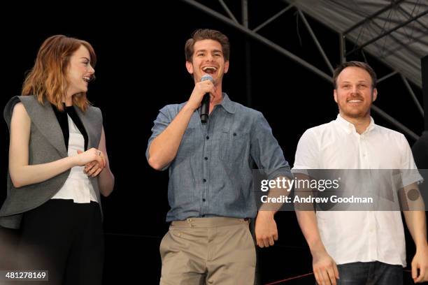 Actors Emma Stone, Andrew Garfield and Director Marc Webb of "The Amazing Spider-Man 2" attends the Earth Hour Kick-Off with Spider-Man, The First...