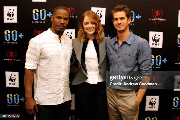 Andrew Garfield, Emma Stone and Jamie Foxx of "The Amazing Spider-Man 2" attends the Earth Hour Kick-Off with Spider-Man, The First Super Hero...
