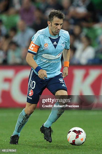 Alessandro Del Piero of Sydney controls the ball during the round 25 A-League match between Melbourne Victory and Sydney FC at AAMI Park on March 29,...