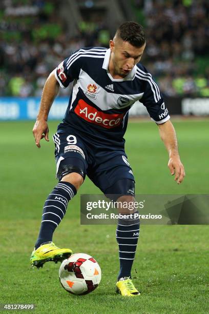 Kosta Barbarouses of the Victory controls the ball during the round 25 A-League match between Melbourne Victory and Sydney FC at AAMI Park on March...