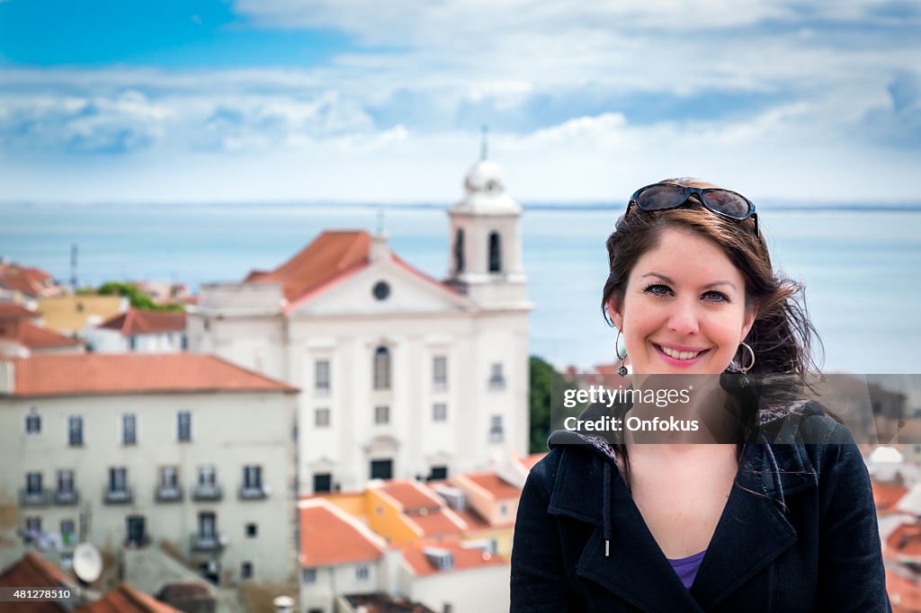 Woman Tourist Smiling in Lisbon, Portugal