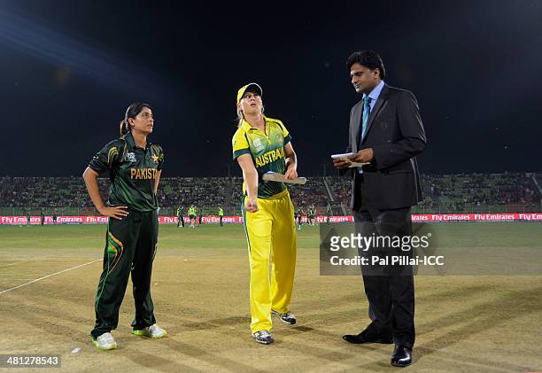 Sana Mir captain of Pakistan , Meg Lanning captain of Australia and ICC match referee Javagal Srinath during the toss before the start of the ICC...