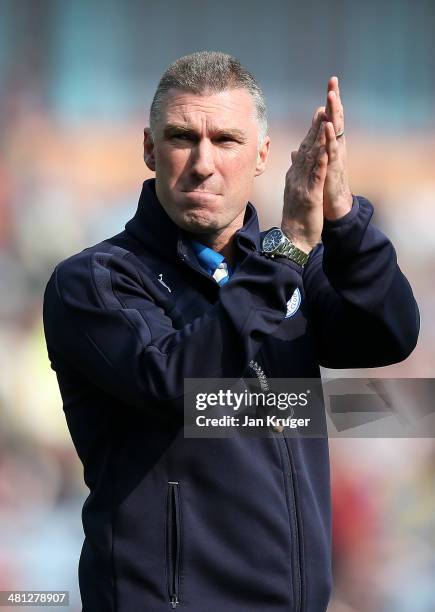 Manager of Leicester City Nigel Pearson applauds the fans during the Sky Bet Championship match between Burnley and Leicester City at Turf Moor on...