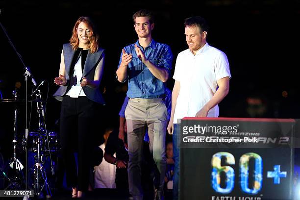 Andrew Garfield, Emma Stone and Director Marc Webb of "The Amazing Spider-Man 2" attend the Earth Hour Kick-Off with Spider-Man, The First Super Hero...