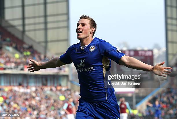 Chris Wood of Leicester City celebrates his goal goal during the Sky Bet Championship match between Burnley and Leicester City at Turf Moor on March...