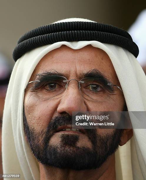 Portrait of Sheikh Mohammed bin Rashid Al Maktoum ruler of Dubai looks on during the Dubai World Cup at the Meydan Racecourse on March 29, 2014 in...