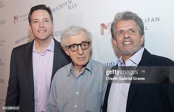 Michael P. Rose, Woody Allen and Ronald L.Chez attend the Chicago premiere of "Irrational Man" at Bellweather Meeting House & Eatery on July 18, 2015...