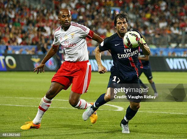 Maxwell of Paris Saint-Germain and Luisao of Benfica battle for the ball during the 2015 International Champions Cup match at BMO Field on July 18,...