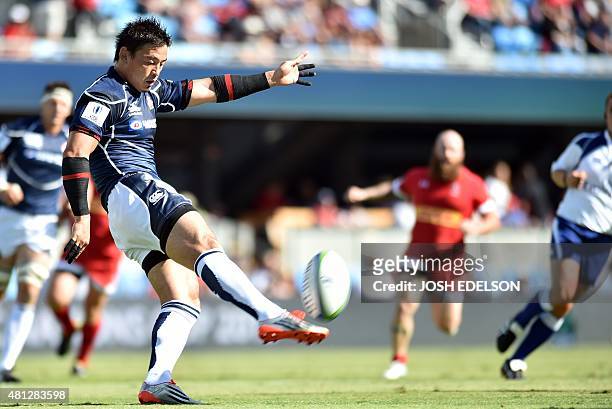 Ayumu Goromaru of Japan kicks the ball during a World Rugby Pacific Nations Cup match where Canada faced off against Japan at Avaya Stadium in San...