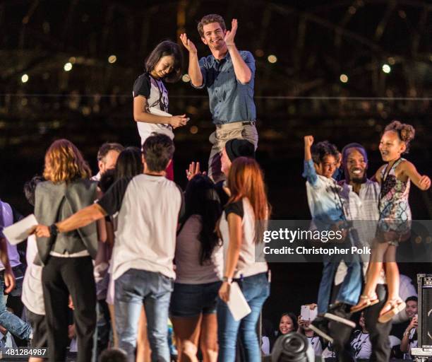 Andrew Garfield, Emma Stone and Director Marc Webb of 'The Amazing Spider-Man 2' attend the Earth Hour Kick-Off with Spider-Man, The First Super Hero...