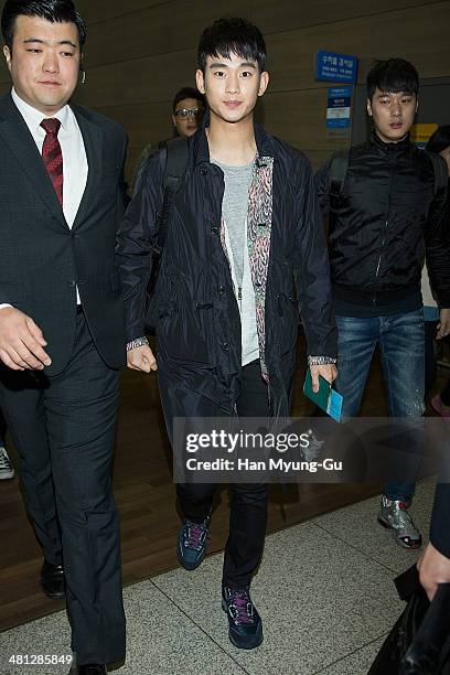 South Korean actor Kim Soo-Hyun is seen on departure at Incheon International Airport on March 29, 2014 in Incheon, South Korea.