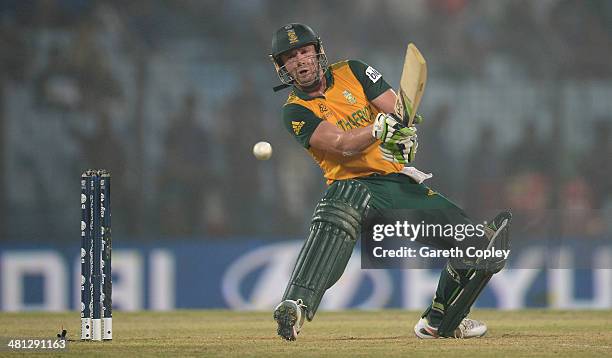 De Villiers of South Africa bats during the ICC World Twenty20 Bangladesh 2014 Group 1 match between England and South Africa at Zahur Ahmed...