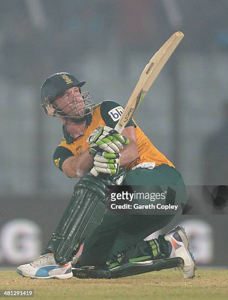 De Villiers of South Africa hits out for six runs during the ICC World Twenty20 Bangladesh 2014 Group 1 match between England and South Africa at...