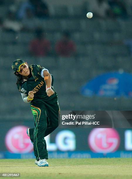 Anam Amin of Pakistan bowls during the ICC Women's world twenty20 match between Australia Women and Pakistan Women played at Sylhet International...