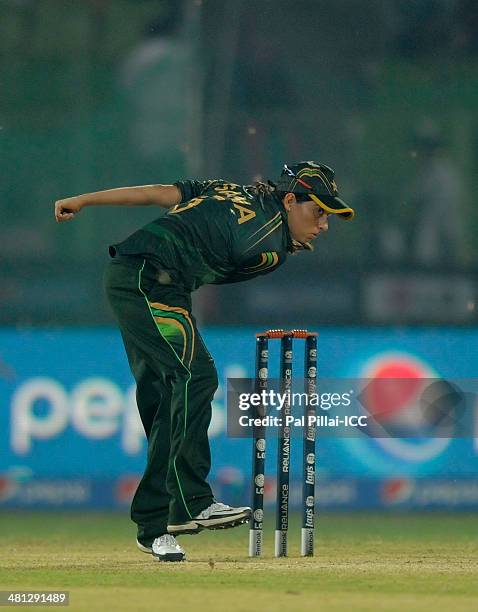 Sana Mir captain of Pakistan bowls during the ICC Women's world twenty20 match between Australia Women and Pakistan Women played at Sylhet...