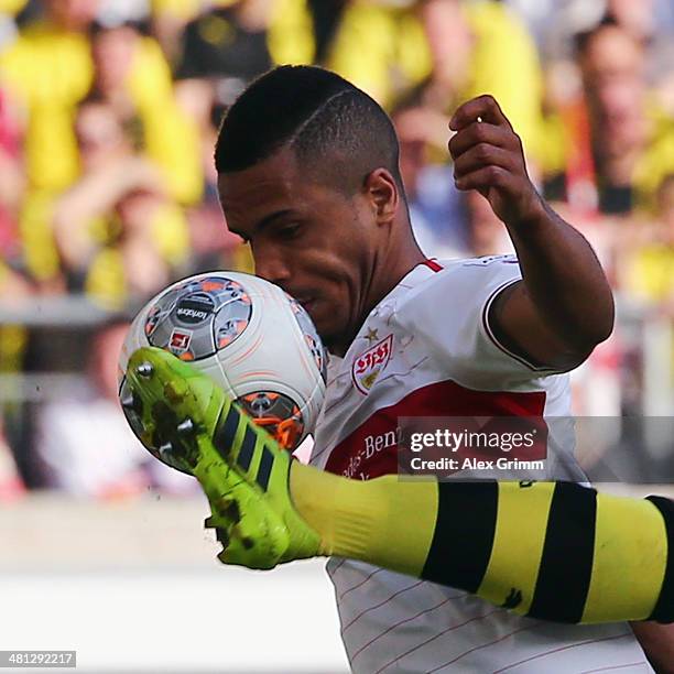 Daniel Didavi of Stuttgart is challenged by Sebastian Kehl of Dortmund during the Bundesliga match between VfB Stuttgart and Borussia Dortmund at...