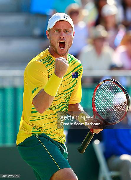 Lleyton Hewitt of Australia celebrates during the reverse singles match between Lleyton Hewitt of Australia and Aleksandr Nedovyesov of Kazakhstan...
