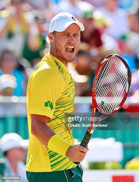 Lleyton Hewitt of Australia celebrates during the reverse singles match between Lleyton Hewitt of Australia and Aleksandr Nedovyesov of Kazakhstan...