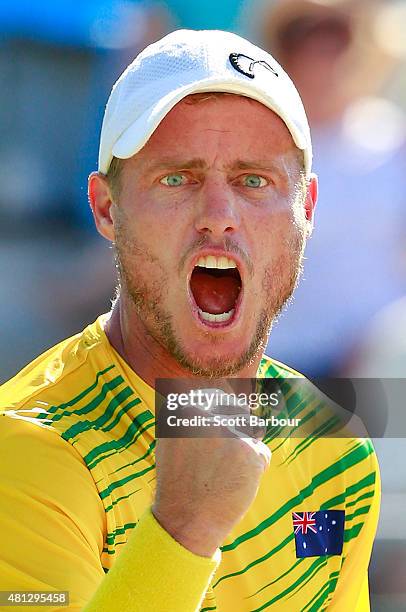 Lleyton Hewitt of Australia celebrates during the reverse singles match between Lleyton Hewitt of Australia and Aleksandr Nedovyesov of Kazakhstan...