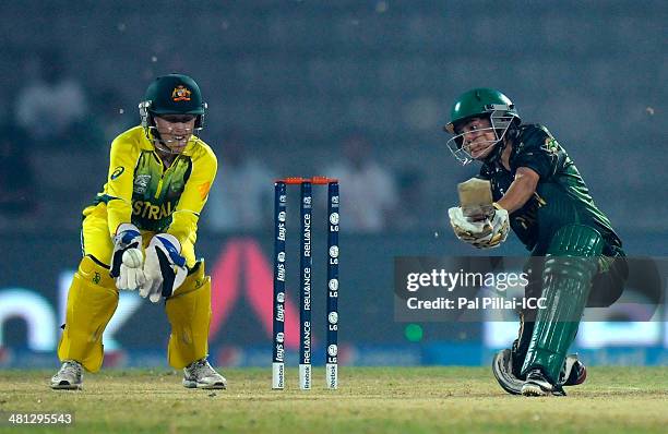 Javeria khan of Pakistan bats during the ICC Women's world twenty20 match between Australia Women and Pakistan Women played at Sylhet International...