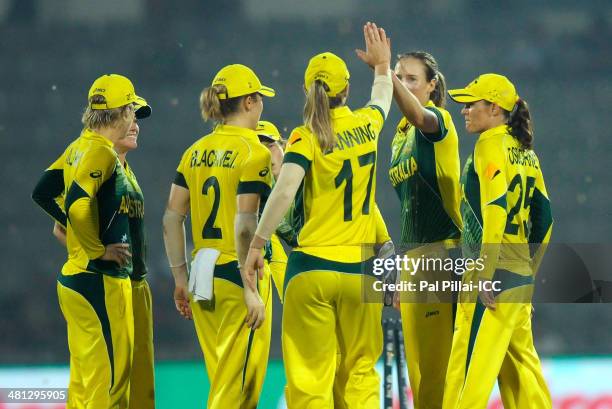 Ellyse Perry of Australia celebrates the wicket of Sana Mir captain of Paksitan during the ICC Women's world twenty20 match between Australia Women...