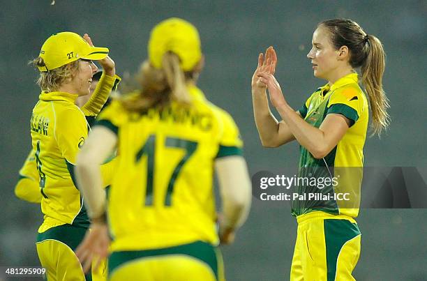 Ellyse Perry of Australia celebrates the wicket of Sana Mir captain of Paksitan during the ICC Women's world twenty20 match between Australia Women...