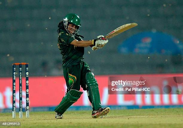 Javeria khan of Pakistan bats during the ICC Women's world twenty20 match between Australia Women and Pakistan Women played at Sylhet International...