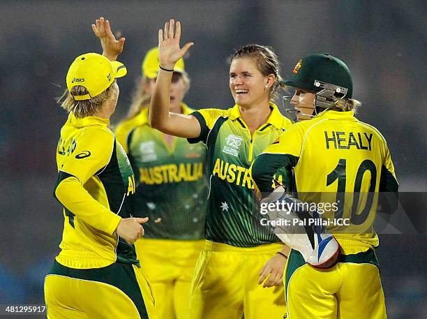 Jess Jonassen of Australia celebrates the wicket of Javeria Khan during the ICC Women's world twenty20 match between Australia Women and Pakistan...