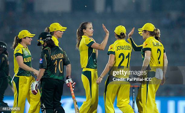 Ellyse Perry of Australia celebrates the wicket of Nahida Khan of Paksitan during the ICC Women's world twenty20 match between Australia Women and...