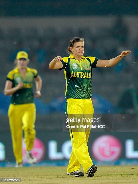 Jess Jonassen of Australia celebrates the wicket of Javeria Khan during the ICC Women's world twenty20 match between Australia Women and Pakistan...
