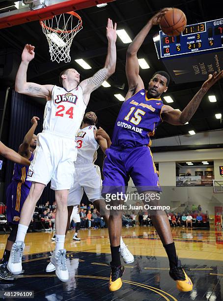 Shawne Williams of the Los Angeles D-Fenders battles for the rebound against Dennis Horner of the Bakersfield Jam during a D-League game on March 28,...