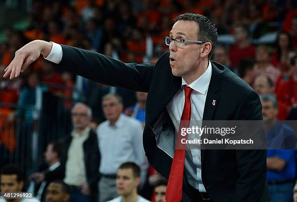 Coach Chris Fleming of Bamberg reacts during the Beko BBL Top Four semifinal match between Alba Berlin and Brose Baskets at ratiopharm arena on March...