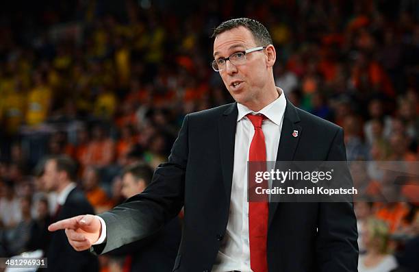 Coach Chris Fleming of Bamberg reacts during the Beko BBL Top Four semifinal match between Alba Berlin and Brose Baskets at ratiopharm arena on March...