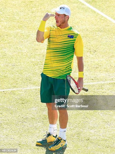 Lleyton Hewitt of Australia celebrates during the reverse singles match between Lleyton Hewitt of Australia and Aleksandr Nedovyesov of Kazakhstan...