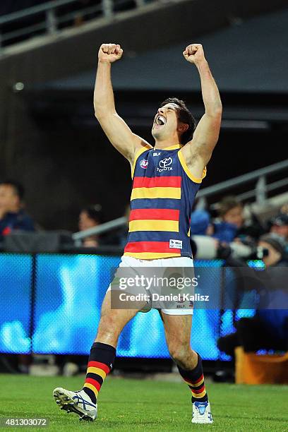 Taylor Walker of the Crows reacts after the final siren during the round 16 AFL match between the Port Adelaide Power and the Adelaide Crows at...