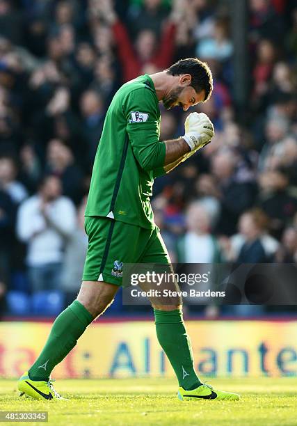 Goalkeeper Julian Speroni of Crystal Palace celebrates following his team's 1-0 victory during the Barclays Premier League match between Crystal...