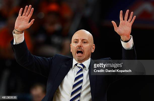 Coach Sasa Obradovic of Berlin reacts during the Beko BBL Top Four semifinal match between Alba Berlin and Brose Baskets at ratiopharm arena on March...