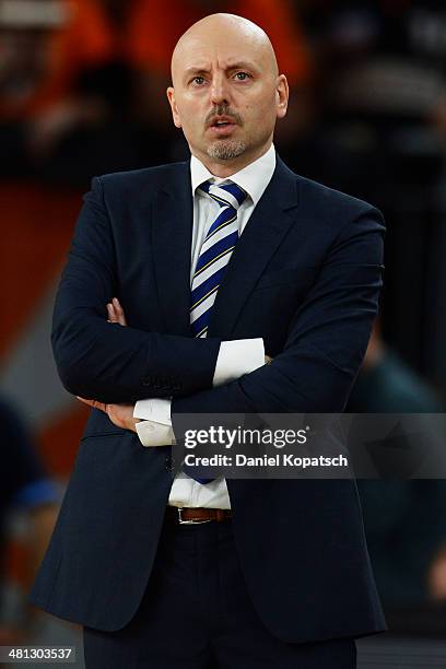 Coach Sasa Obradovic of Berlin reacts during the Beko BBL Top Four semifinal match between Alba Berlin and Brose Baskets at ratiopharm arena on March...