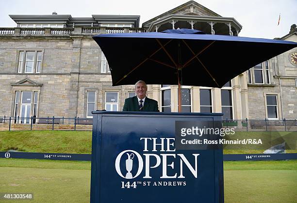 Ivor Robson, Official Starter, is seen on the first tee during the third round of the 144th Open Championship at The Old Course on July 19, 2015 in...