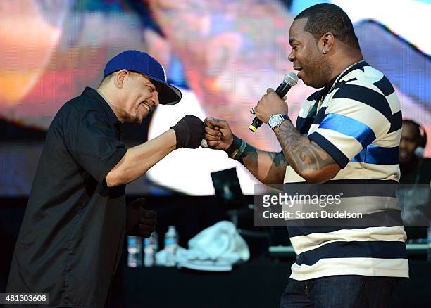 Rappers Ice-T and Busta Rhymes perform onstage at Irvine Meadows Amphitheatre on July 18, 2015 in Irvine, California.