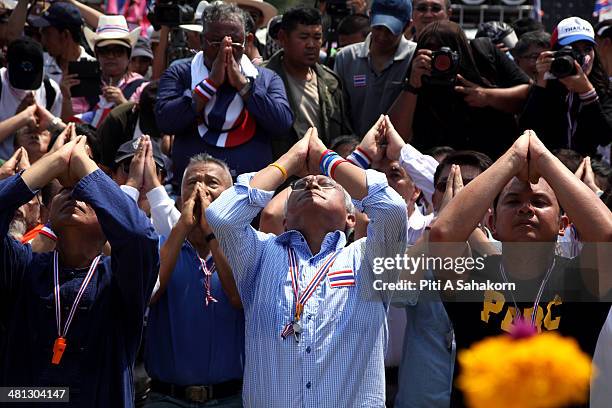 Anti-government leader Suthep Thaugsuban during a ceremony at the Royal Plaza in Bangkok. Tens of thousands of anti-government protesters marched to...