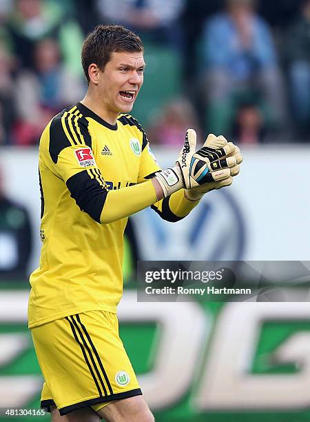 Goalkeeper Max Gruen of Wolfsburg reacts during the Bundesliga match between VfL Wolfsburg and Eintracht Frankfurt at Volkswagen Arena on March 29,...