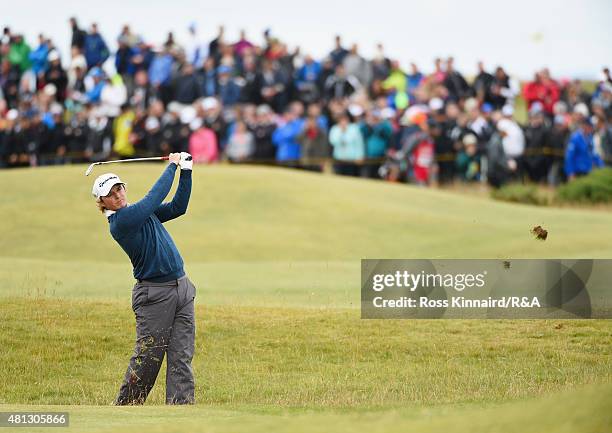 Eddie Pepperell of England hits his second shot on the 16th hole during the third round of the 144th Open Championship at The Old Course on July 19,...