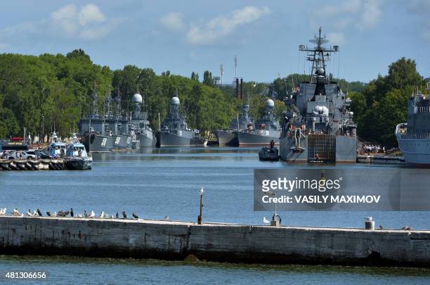 Russian military ships are viewed at the Russian Fleet base in Baltiysk , on July 19, 2015. Kaliningrad will host matches during the 2018 FIFA World...