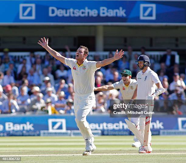 Josh Hazlewood of Australia celebrates taking the wicket of James Anderson of England to win the match during day four of the 2nd Investec Ashes Test...