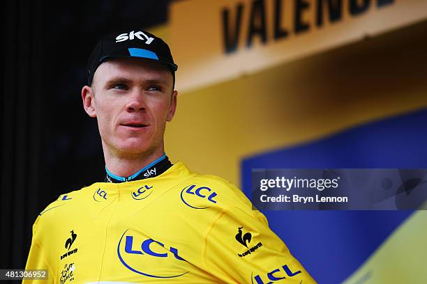 Chris Froome of Great Britain and Team Sky celebrates retaining the overall leaders yellow jersey at the finish of Stage 15 of the Tour de France, a...