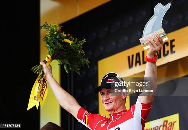 Andre Greipel of Germany and Lotto-Soudal celebrates winning Stage 15 of the Tour de France, a 183km rolling stage from Mende to Valence, on July 19,...