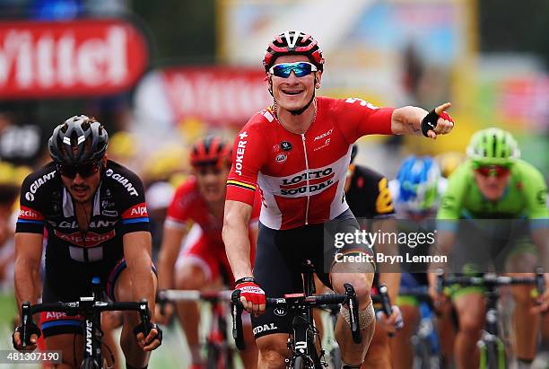 Andre Greipel of Germany and Lotto-Soudal celebrates winning Stage 15 of the Tour de France, a 183km rolling stage from Mende to Valence, on July 19,...